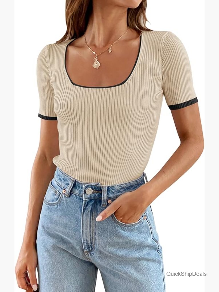 Short Sleeve Square Neck Ribbed Knit Slim Fit T-Shirt